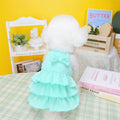 Small white dog wearing a rose red layered princess dress with a candy skirt.
