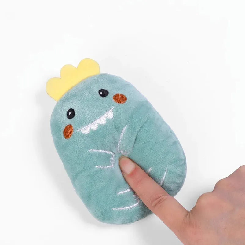 Small brown plush cat toy with catnip filling and squeaker for chewing and interactive play