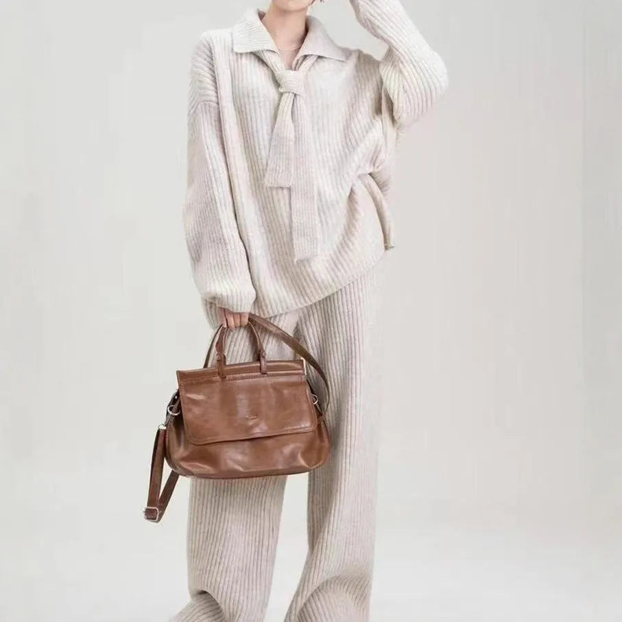Sweater suit two-piece set with knitting top and trousers in imitation cashmere fabric