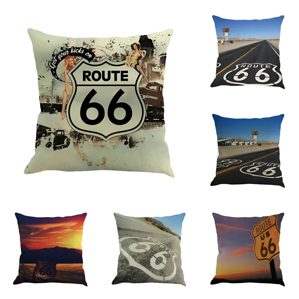 Linen cushion cover with US Route 66 landscape pattern measuring 45x45cm for car and sofa back pillows
