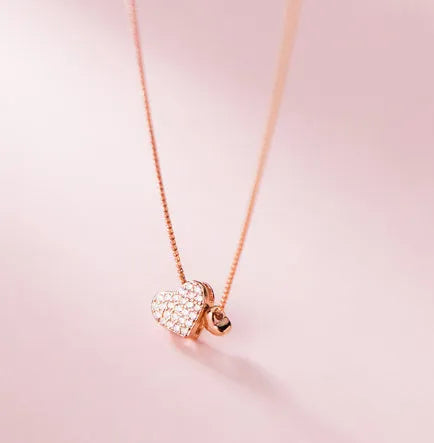 Double love geometric copper pendant necklace on clavicle chain, white gold finish
