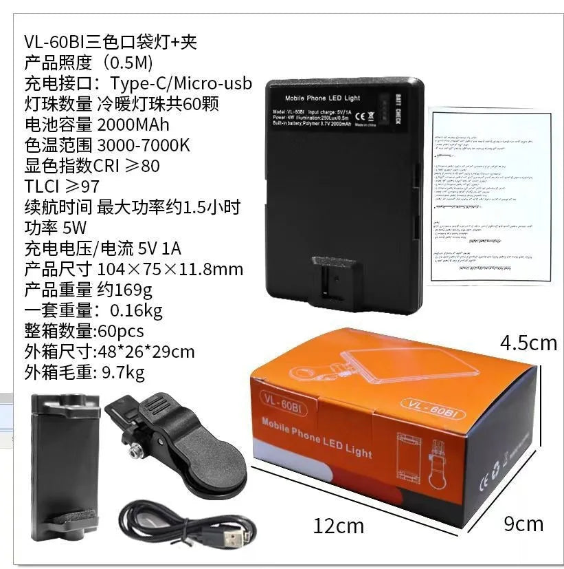 Handheld pocket LED fill light with clip attached to a smartphone for video lighting.