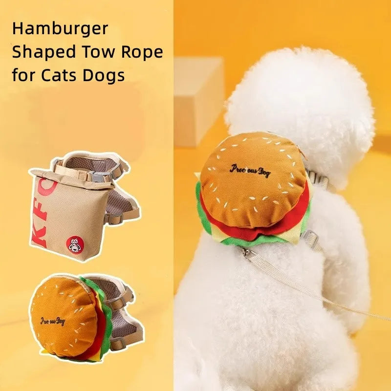 Cartoon hamburger chips design adjustable dog leash and escape proof vest with backpack harness.