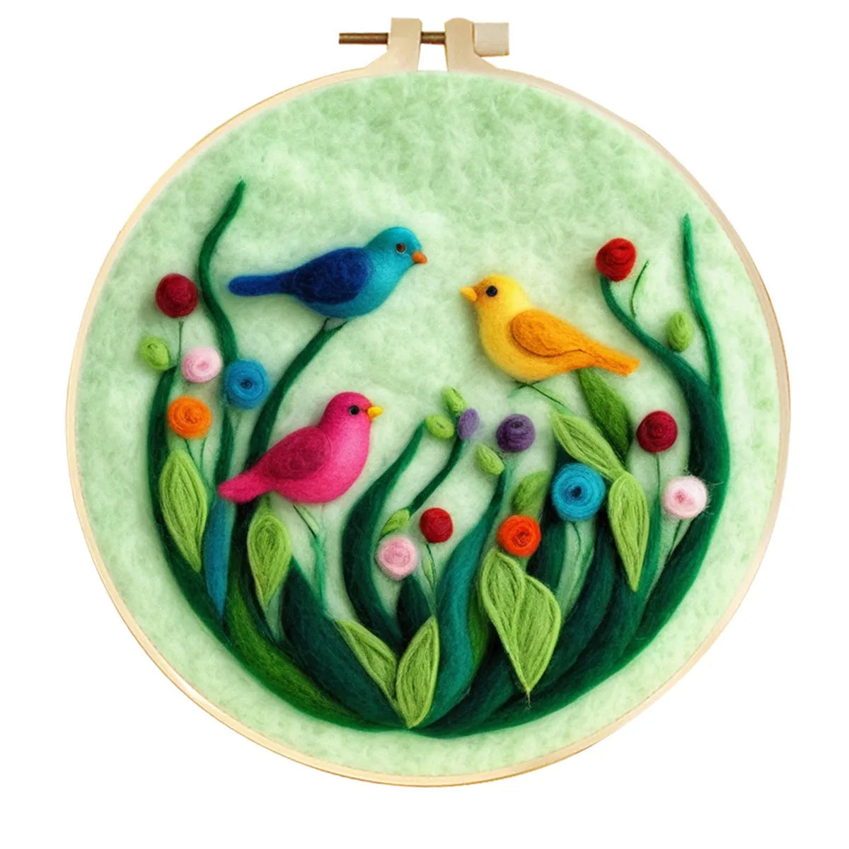 Round linen embroidery kit with wool felt materials for three-dimensional floral design