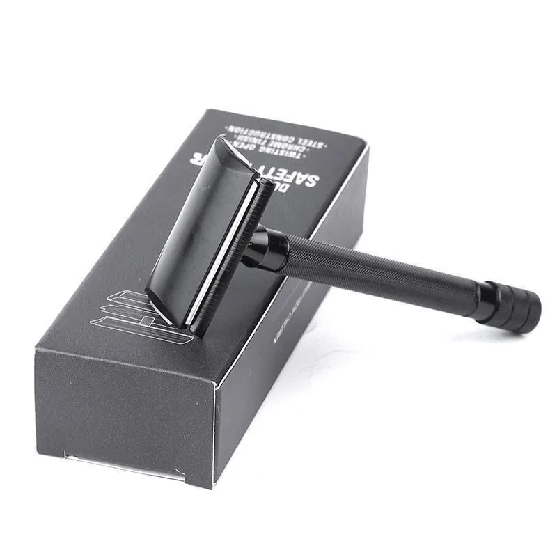 Traditional manual pogonotomy metal razor with brush in black or silver finish
