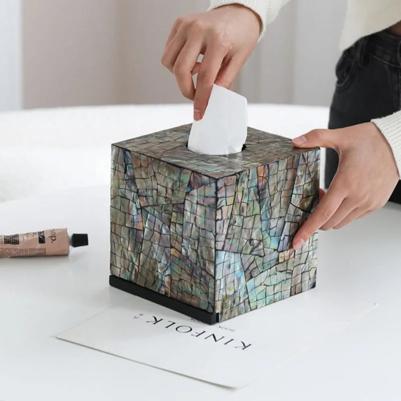 Black rectangular and square natural shell tissue box holder with removable storage tray.