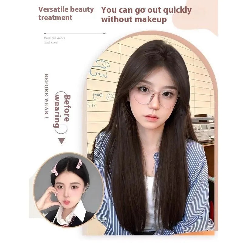 Full-head forehead lace synthetic wig in mid-length straight dark brown style for dress up.