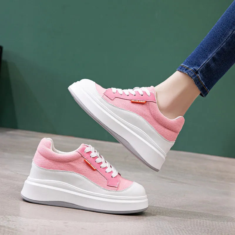 Women's pink leather platform shoes with thick soles for height increase