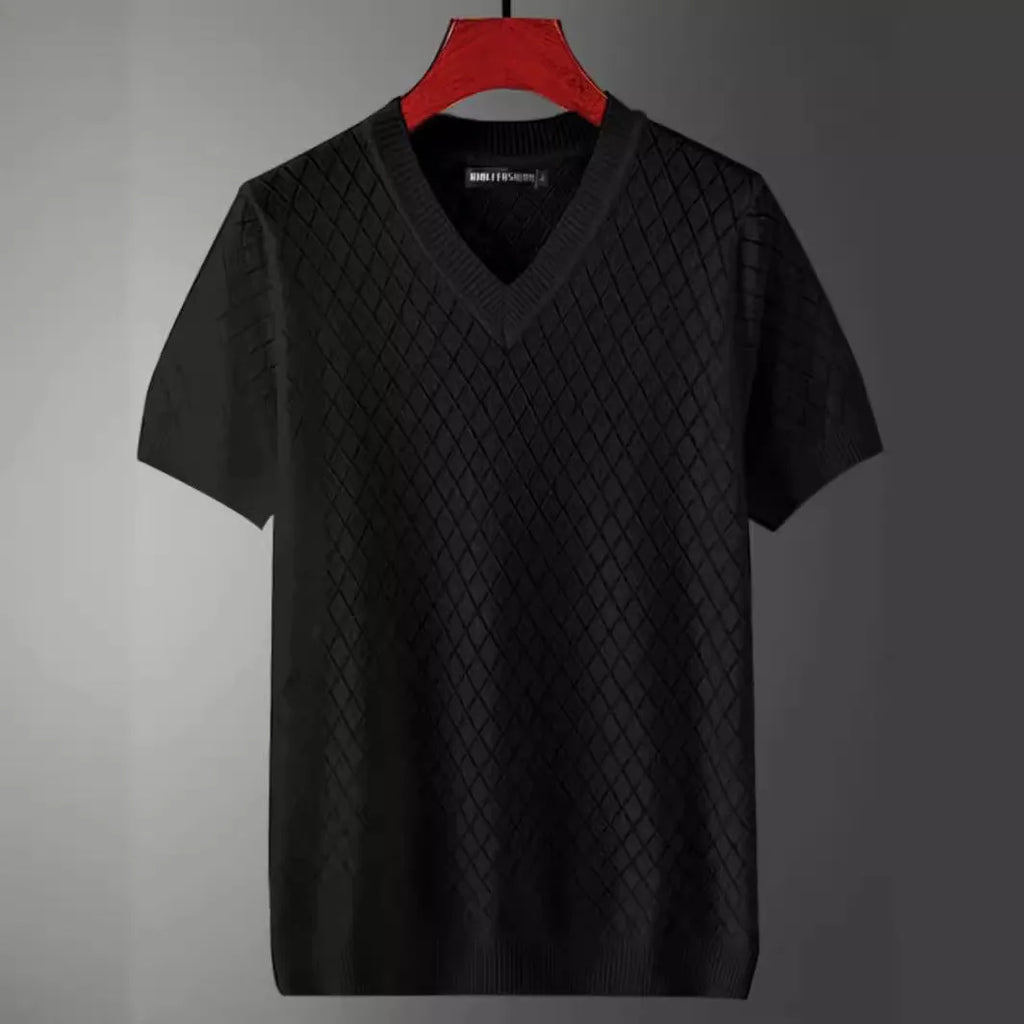 Men's ice silk V-neck T-shirt in black Korean style with cut-out detail and short sleeves