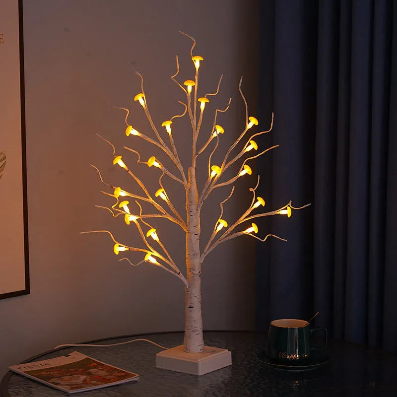 60cm tall birch tree LED lamp with 24 mushroom flowers, warm light, detachable base