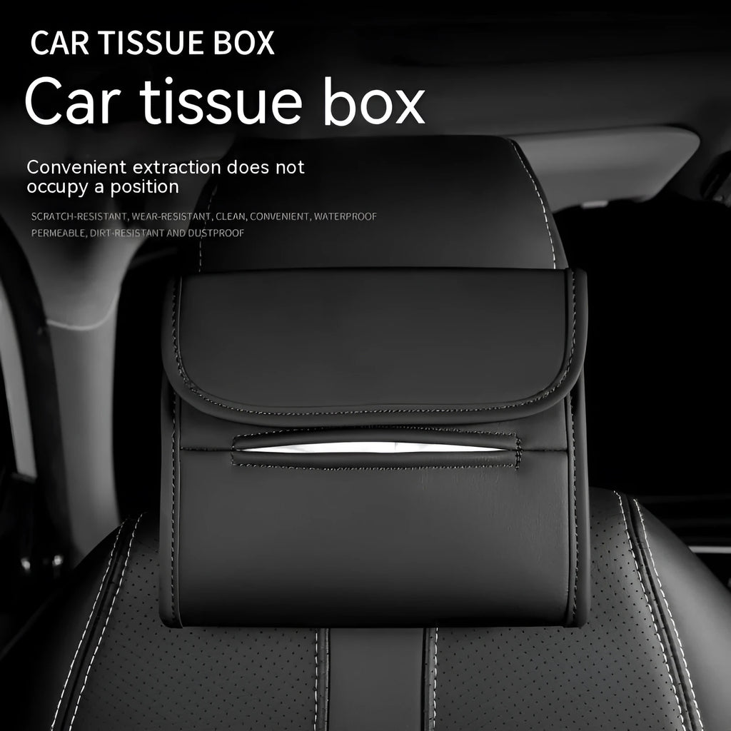 Leather car tissue box organiser with elastic band for sun visor or chair back mounting