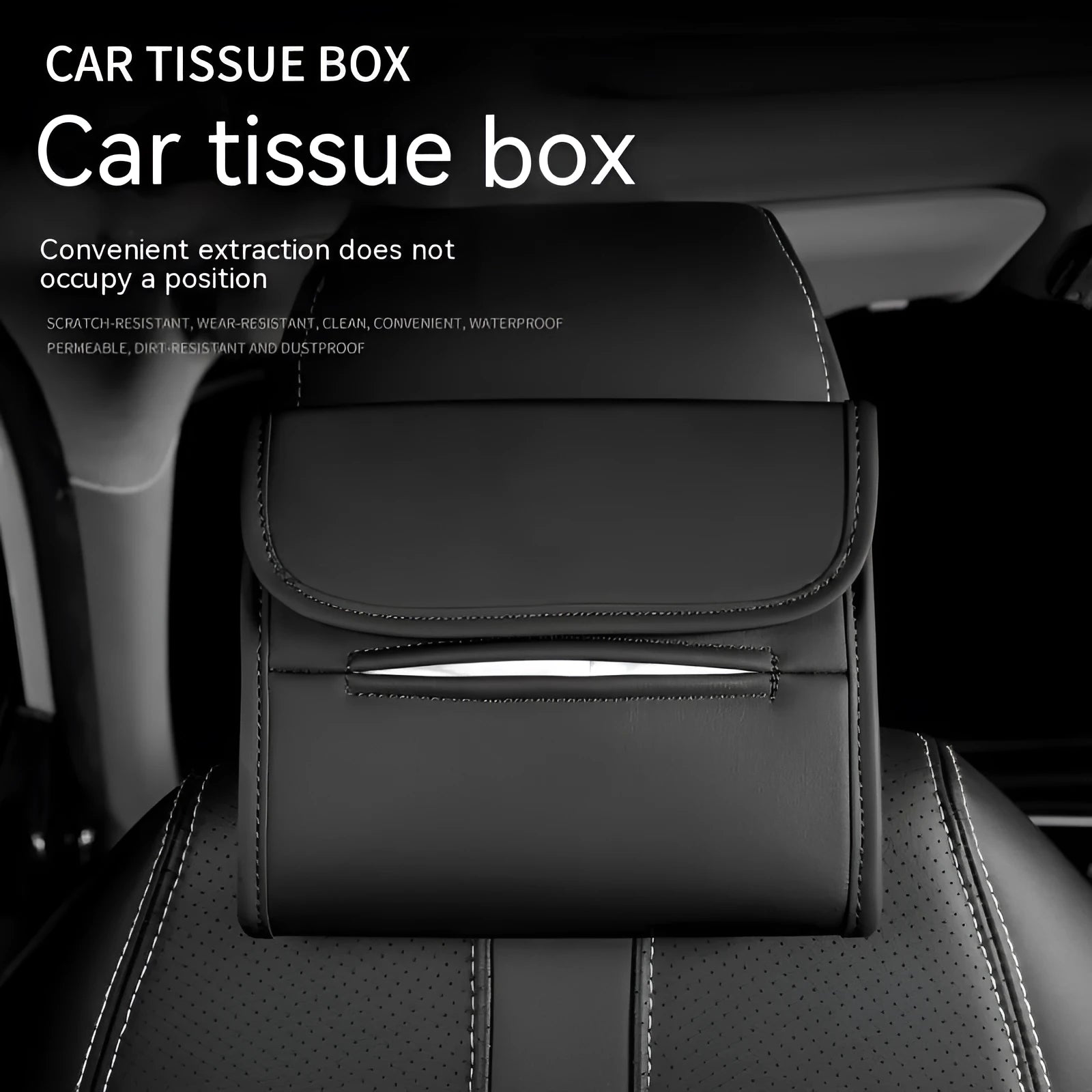 Leather car tissue box organiser with elastic band for sun visor or chair back mounting