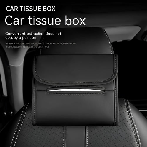 Leather car tissue box organiser with elastic band for sun visor or chair back mounting
