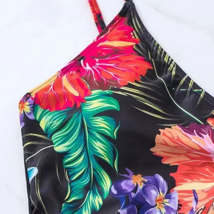 Black women's high waist bikini briefs with printed split front design