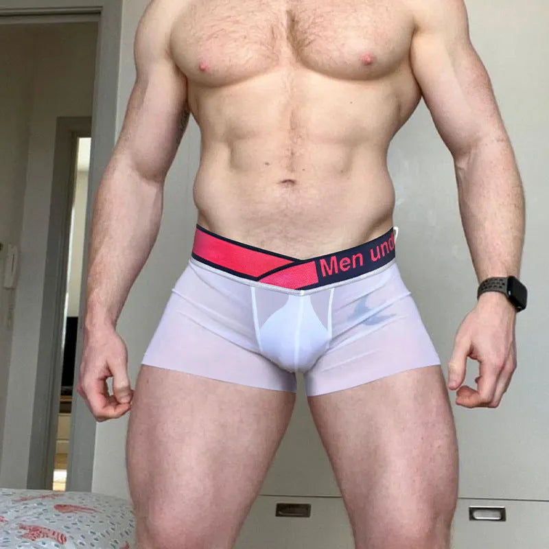 Men's low-waist modal nylon underwear with gradient laser pattern in black, red, and white colours