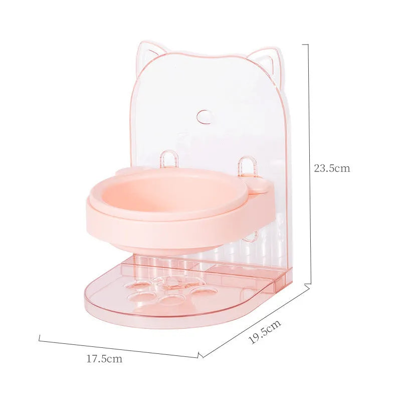 Adjustable height cat bowl with cat ear design in grey or pink, featuring anti-spill fixed hanging body for cages