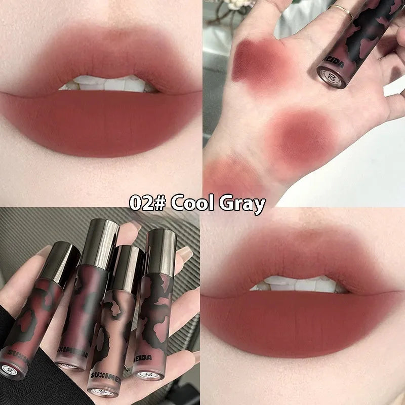 Lava Secret Matte Lip Mud Lipstick in shades orange brown coffee, cool grey, cinnamon coffee, jujube red, and smoked purple.