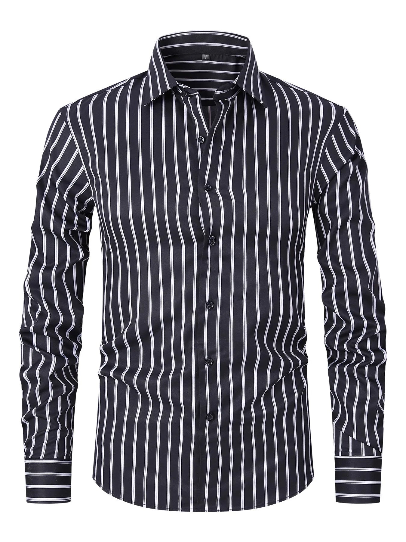 Men's slim fit striped long sleeve business shirt in polyester blend fabric on a hanger