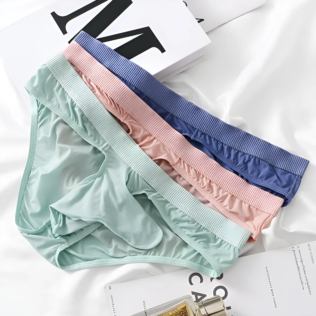 Men's low waist briefs in ice silk fabric showing colour options and low waist design