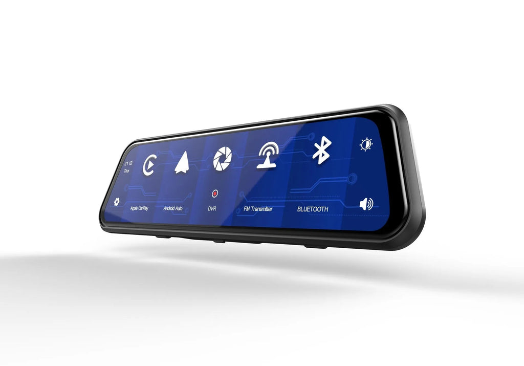 Dual-lens car driving recorder with a large touch screen, shown in black, gold grey, and blue grey colour options.