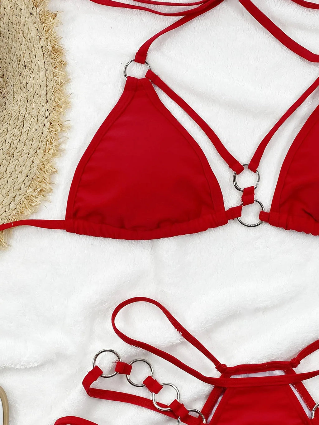 Women's separated two-piece nylon bikini set in red, available in sizes S, M, L.