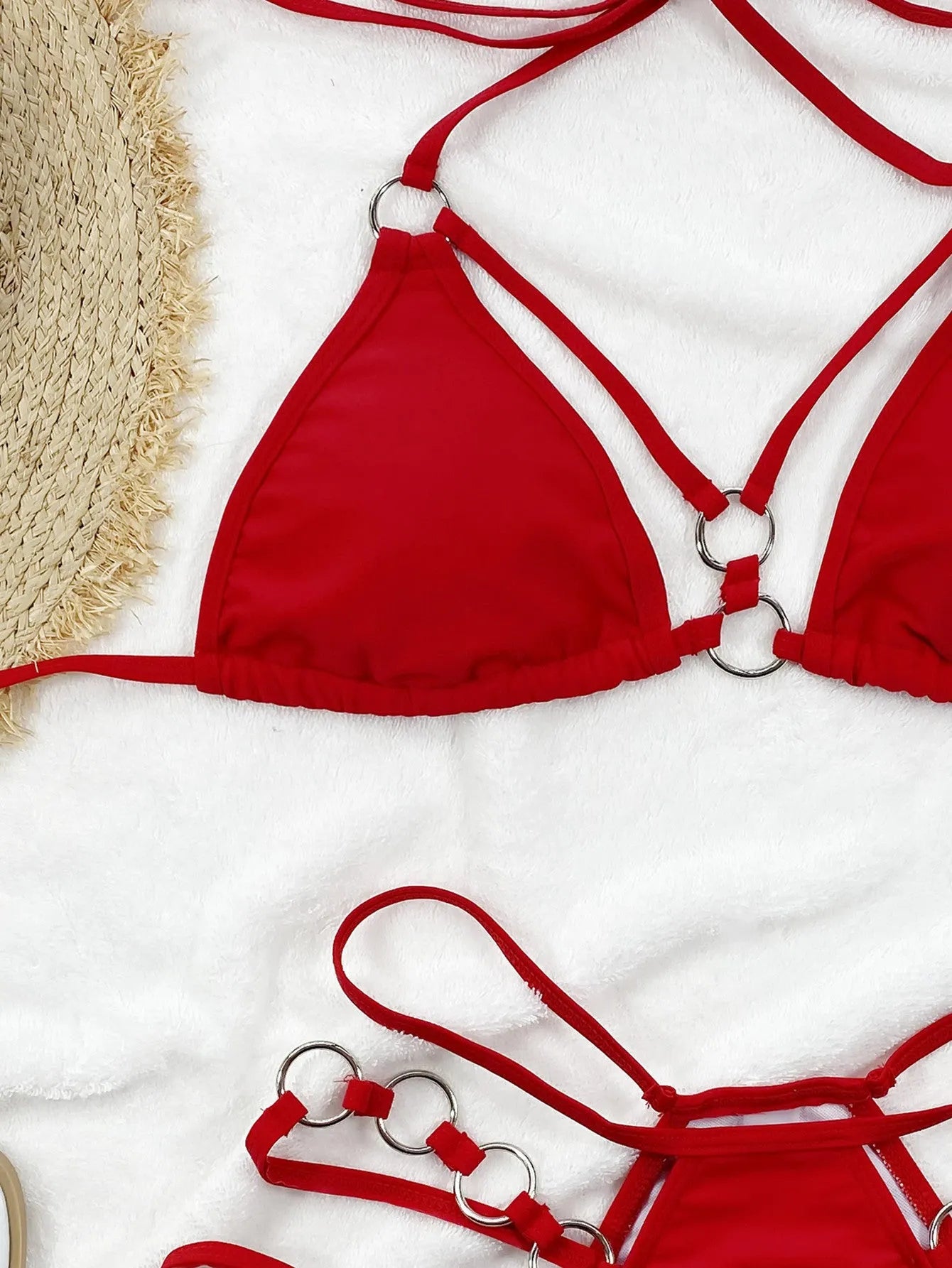 Women's separated two-piece nylon bikini set in red, available in sizes S, M, L.