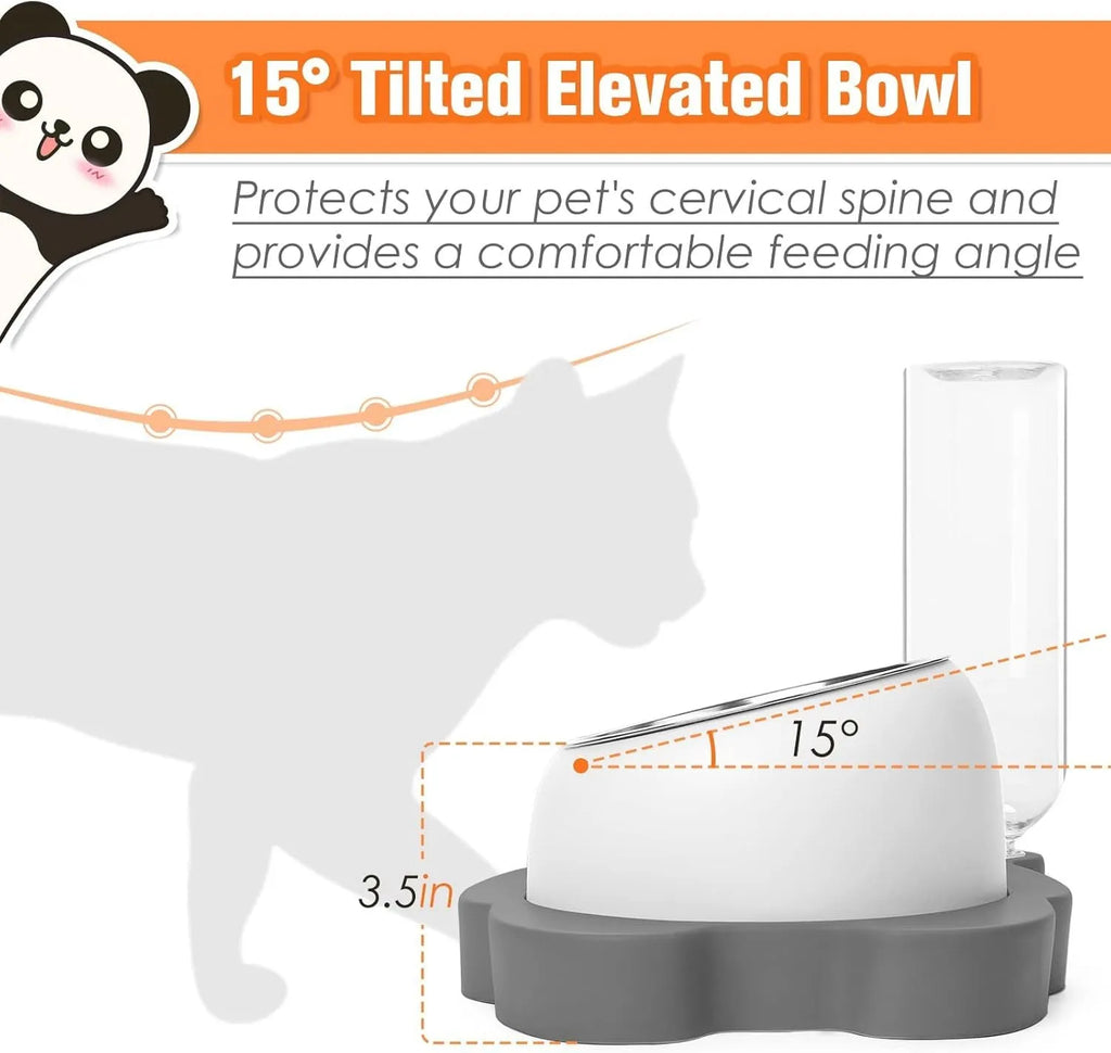 Grey panda-shaped pet feeder with tilted stainless steel bowls and automatic water bottle