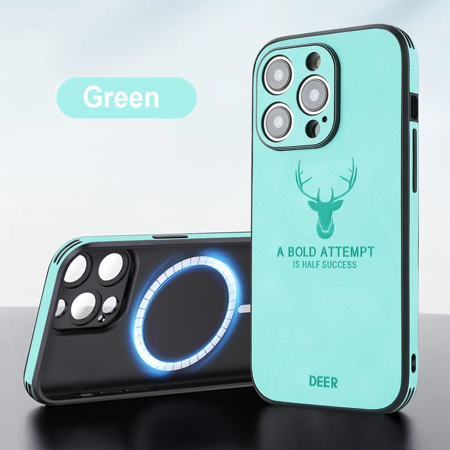 iPhone 16 series imitation leather phone case with embossed moose head design, shown in multiple colour options