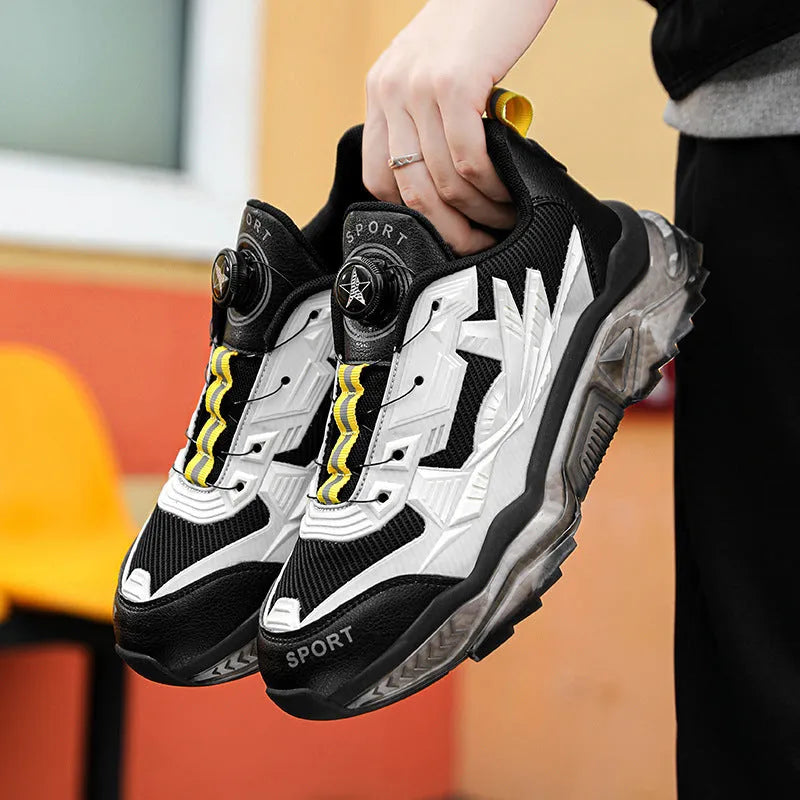 Men's black rotating button casual sneakers with mesh upper and platform sole