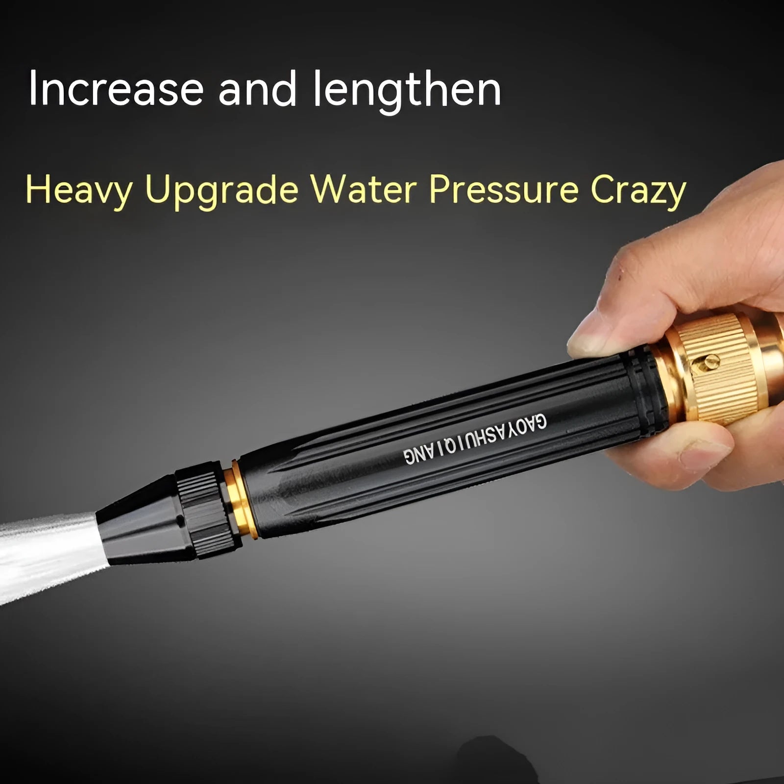 Black alloy car wash water gun with choice of pagoda or nipple spray tip, 17.7cm long