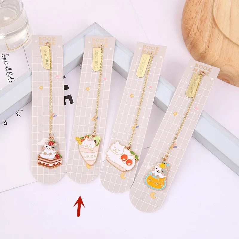 Jane Key Foodie cute pet cat metal bookmark with cartoon pendant in one of four designs, size 3.8cm by 18.3cm.