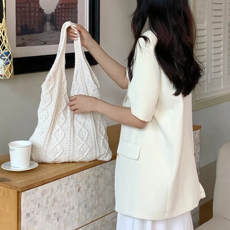 GWomens retro hollow knitted shoulder tote bag in woolen yarn with double straps and large 55cm capacity