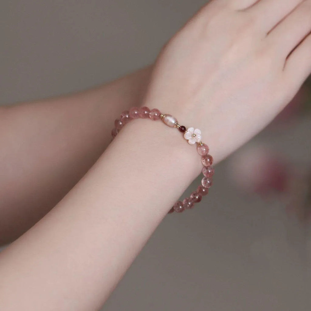Strawberry quartz crystal flower bracelet with stretch band in peach blossom style for women