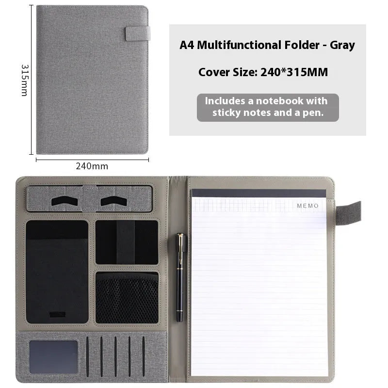 Leather A4 business folder in black with optional pen and notepad accessories
