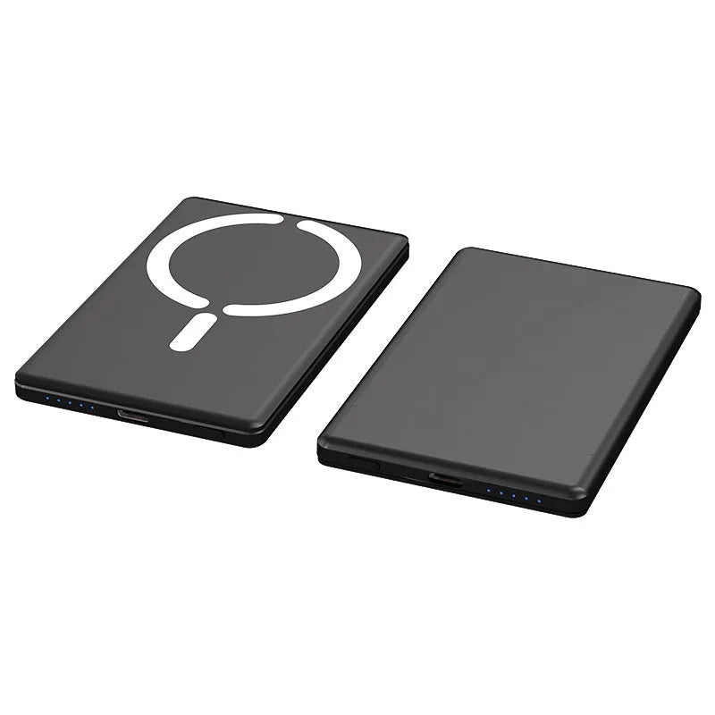 Ultra-thin magnetic power bank in dark grey, silver, black, or violet colours with compact 105x66x9mm dimensions