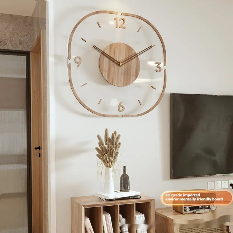 35 cm square transparent wooden wall clock with modern design on white wall