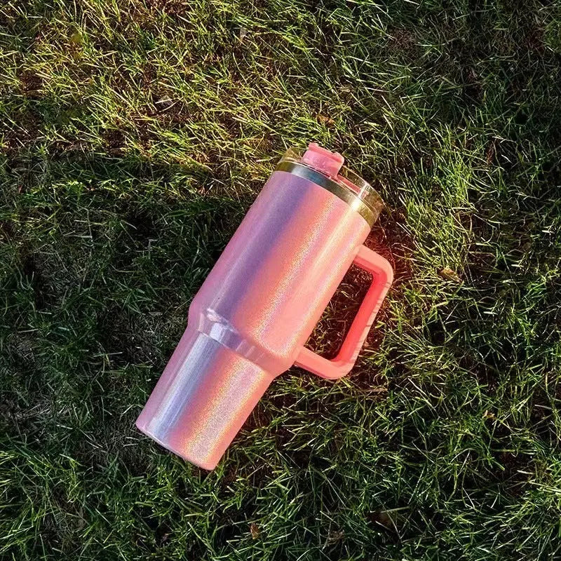 Large stainless steel vacuum insulation cup with double-layer construction in rainbow colour option