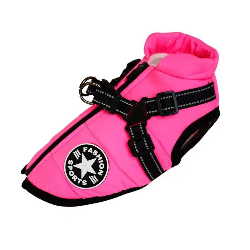 Waterproof dog coat with integrated harness in rain silk fabric available in red, navy blue, and army green colours