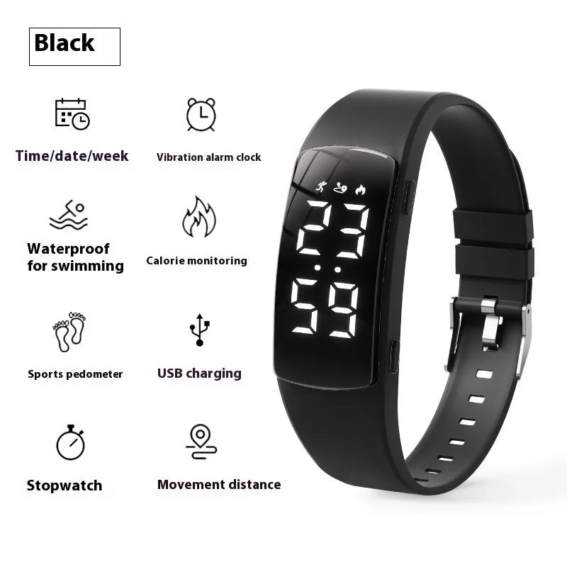 Waterproof vibration alarm clock watch with black silicone strap and LED display showing time