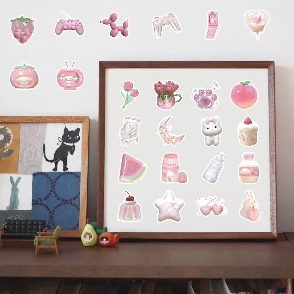 Pink girl heart 3D decorative stickers sheet with 63 pieces showing two pattern designs