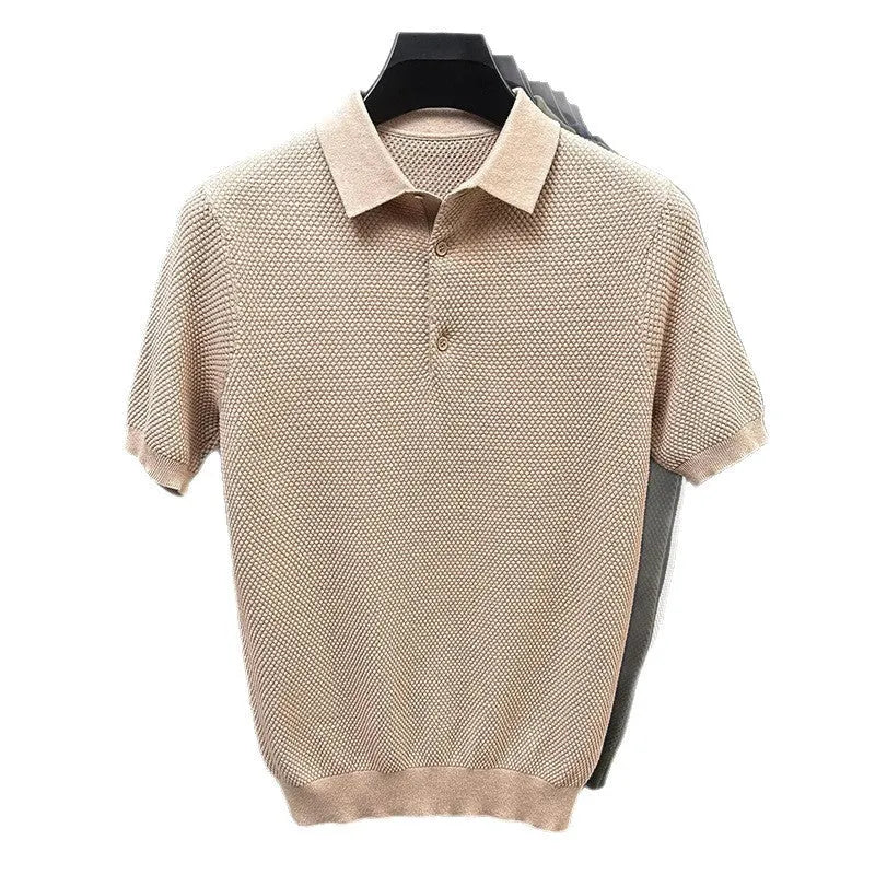 Loose fit pure cotton short sleeve pullover sweater in grey on a hanger.