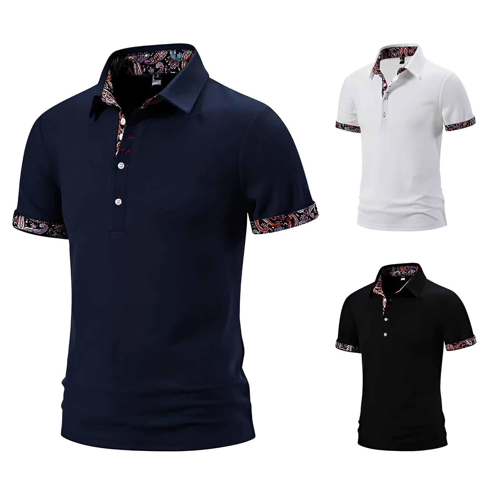 Men's short sleeve polo shirt in cotton blend fabric, showing turnover collar detail in white colour.
