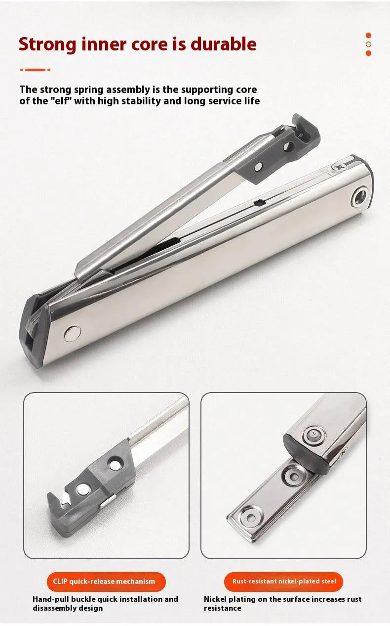 Cold rolled steel flap-up door support rod with spring jackstay in stainless steel finish.