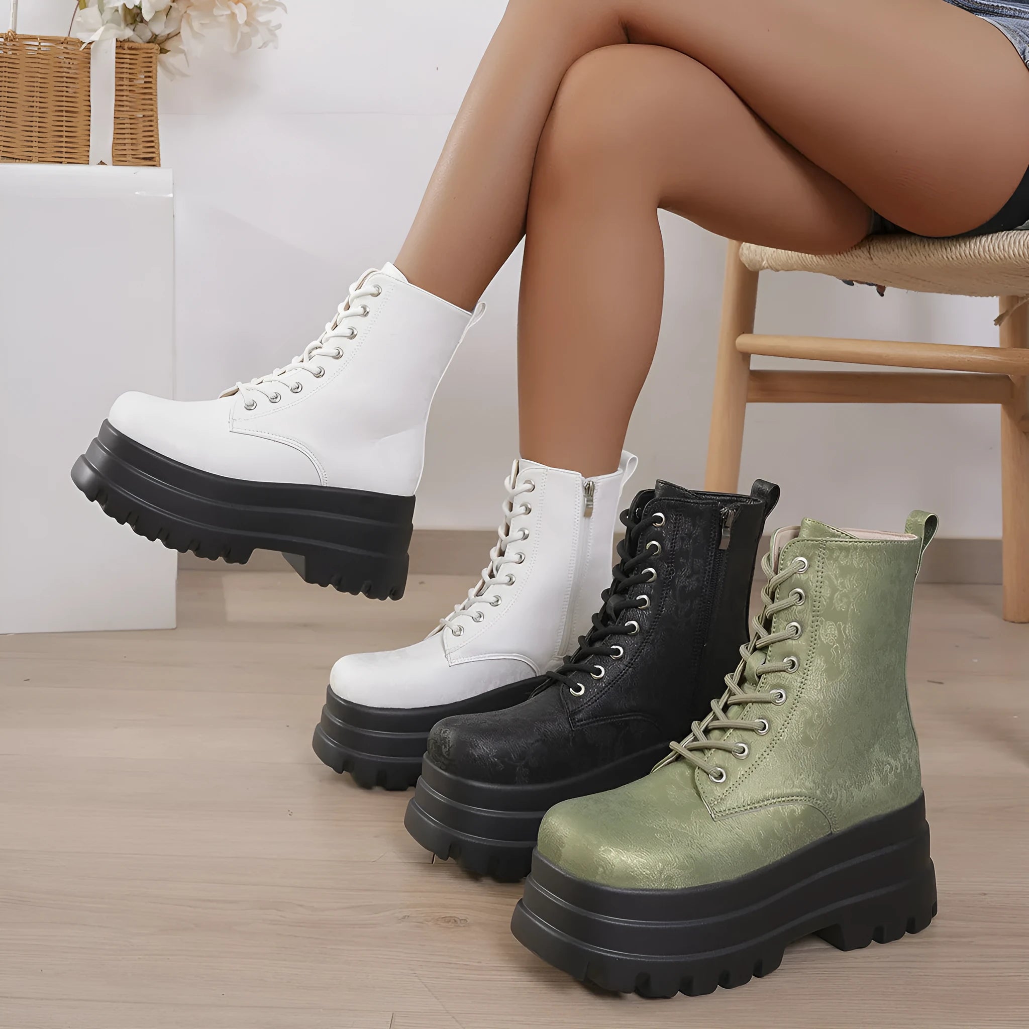 Women's black retro platform boots with patchwork design, chunky heel, and side zipper.