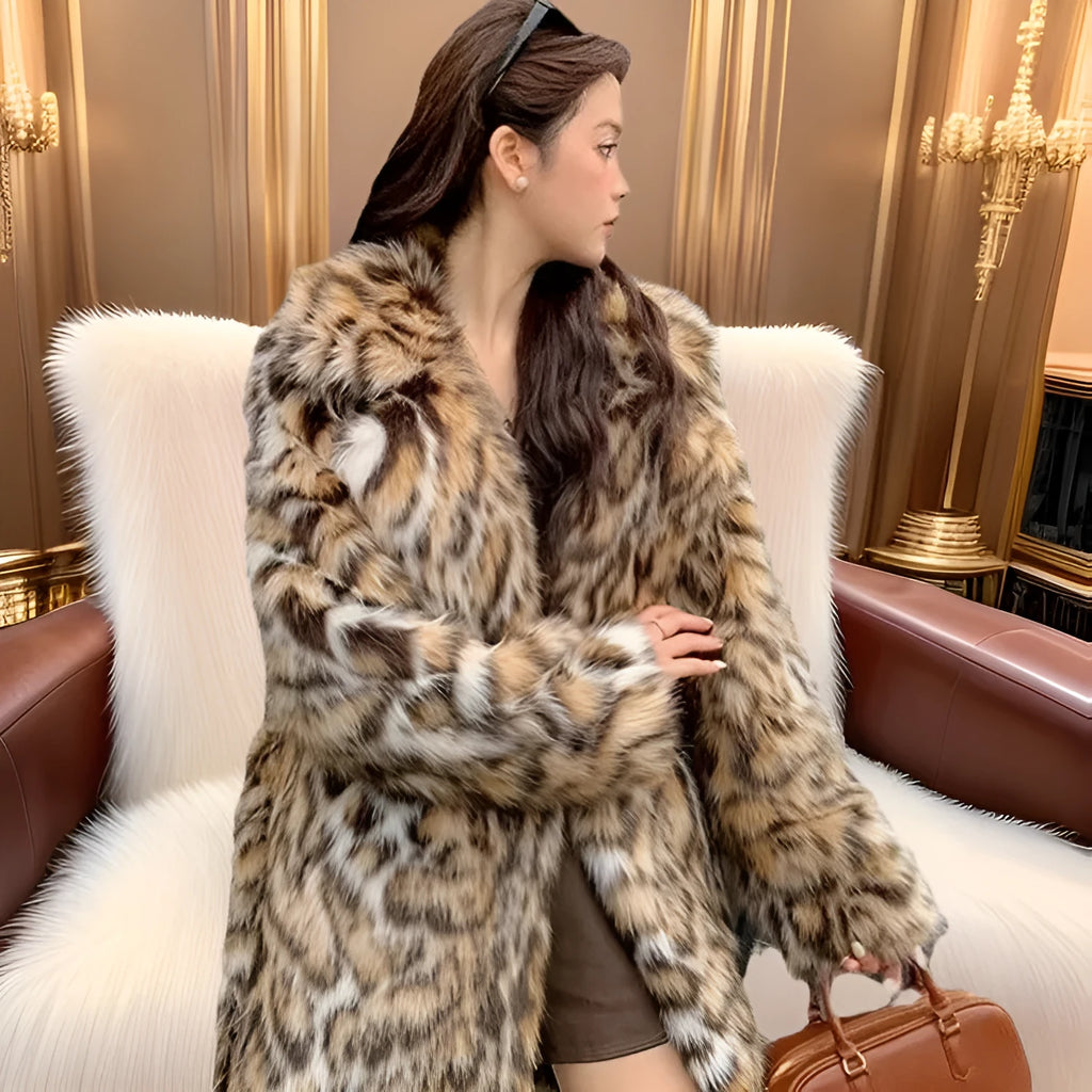 Women's long faux fur coat with fur collar and pockets in street fashion style