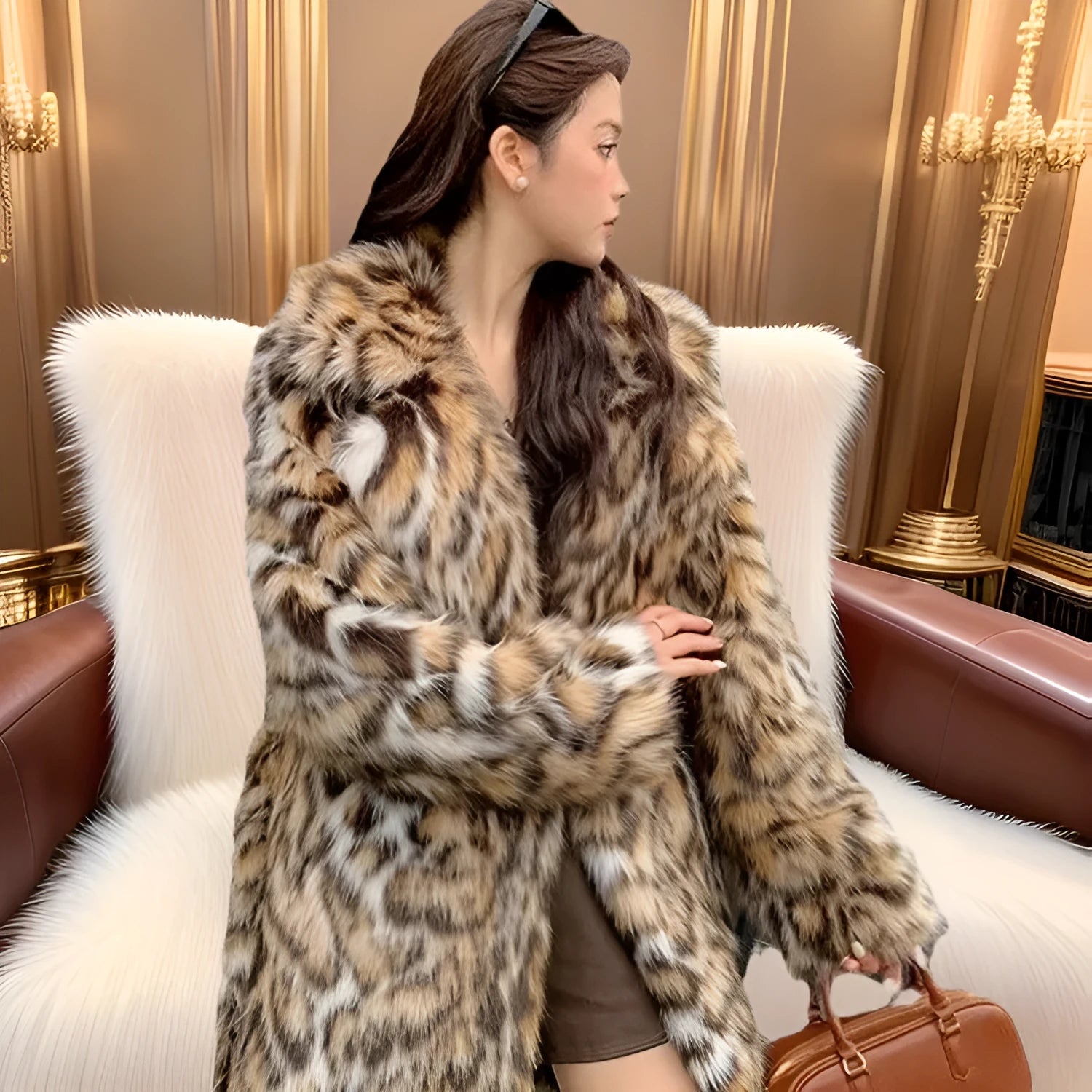 Women's long faux fur coat with fur collar and pockets in street fashion style