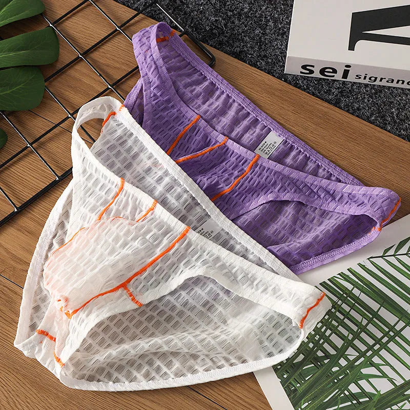 Men's ice silk lace briefs in low waist design showing solid colour options