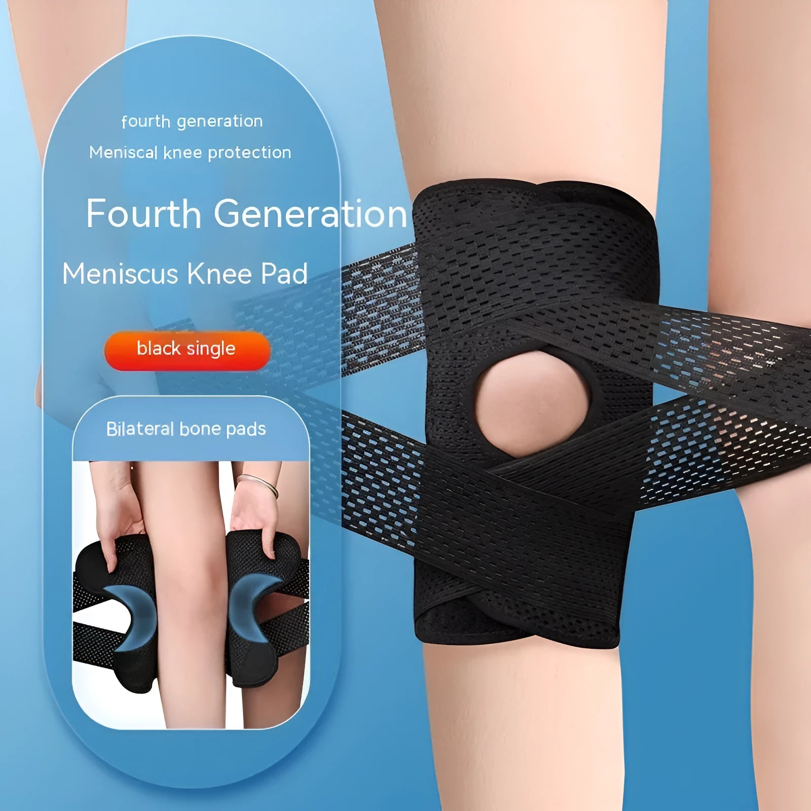 Black mesh knee protective sleeve for meniscus and patellar injury recovery shown on adult leg