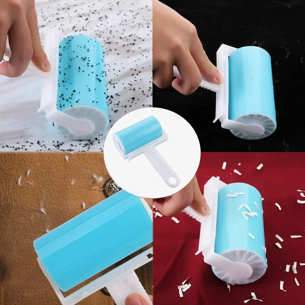 Reusable lint roller with cover in blue, green, pink, and yellow colours for removing pet hair from clothes and sofas