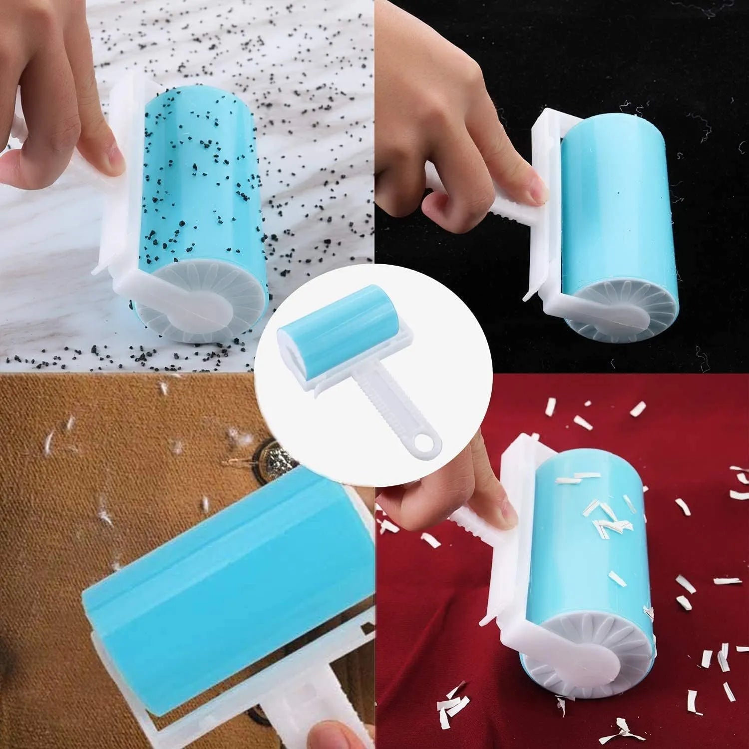 Reusable lint roller with cover in blue, green, pink, and yellow colours for removing pet hair from clothes and sofas